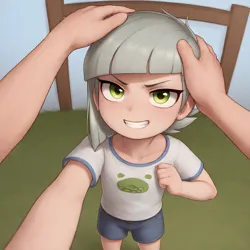 Size: 1536x1536 | Tagged: safe, ai content, machine learning generated, limestone pie, human, child, clothes, cute, grin, headpats, humanized, image, outdoors, petting, png, shirt, shorts, sitting, smiling, t-shirt, underage
