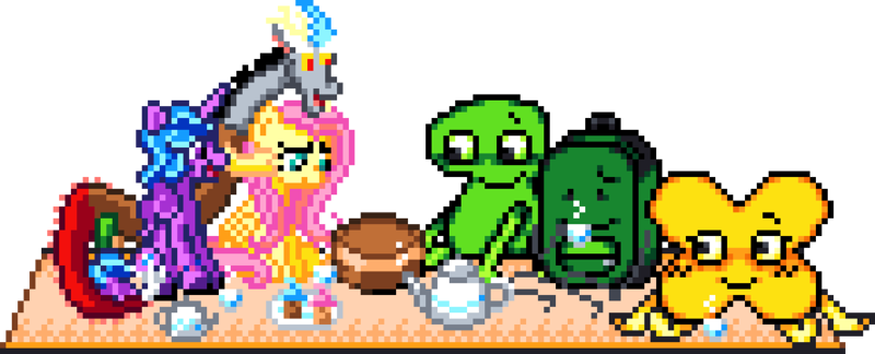 Size: 888x360 | Tagged: safe, artist:tihan, artist:weird_kit, derpibooru import, discord, fluttershy, izzy moonbow, draconequus, pegasus, pony, unicorn, g5, backpack, battle for dream island, cake, cheesecake, cup, cupcake, digital art, female, food, g4, horn, image, liam (battle for dream island), male, manepxls, mare, open mouth, picnic, picnic blanket, pixel art, png, pxls.space, simple background, smiling, teacup, teapot, transparent background, two (battle for dream island), x (battle for dream island)