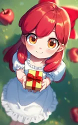 Size: 640x1024 | Tagged: safe, ai content, derpibooru import, editor:sammykun, machine learning generated, stable diffusion, apple bloom, human, g4, adorabloom, apple, apple bloom's bow, big eyes, blurry background, bow, child, clothes, cute, dress, female, food, generator:pony diffusion v6 xl, generator:purplesmart.ai, gift giving, grass, hair bow, holiday, humanized, image, looking at you, looking up, looking up at you, moe, offscreen character, outdoors, png, pov, present, prompter:sammykun, smiling, smiling at you, solo, underage, valentine, valentine's day, white dress