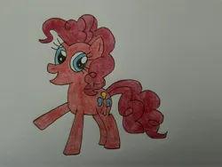 Size: 4032x3024 | Tagged: safe, artist:madisondraws32, official, ponerpics import, ponybooru import, pinkie pie, earth pony, pony, colored pencil drawing, cute, diapinkes, female, image, jpeg, mare, open mouth, open smile, raised leg, simple background, smiling, solo, traditional art, white background