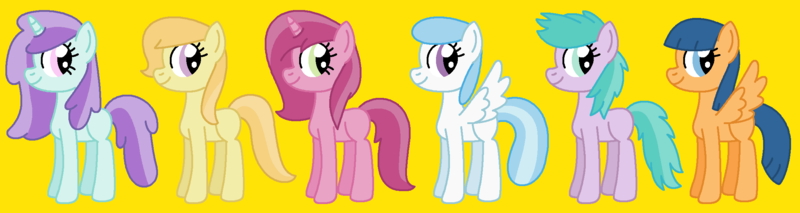 Size: 2233x594 | Tagged: safe, artist:maddiewondermanforever36, ponerpics import, ponybooru import, cotton cloudy, first base, liza doolots, noi, petunia, ruby pinch, tootsie flute, earth pony, pegasus, pony, unicorn, adorabase, adult blank flank, alternate mane six, alternate universe, aura (g4), aurabetes, bad hair, bad hair day, blank flank, closed mouth, cottonbetes, cute, female, filly six, girly girl, group, horn, image, mare, noiabetes, older, older aura (g4), older cotton cloudy, older first base, older liza doolots, older noi, older petunia, older ruby pinch, older tootsie flute, pegasus first base, pinchybetes, png, race swap, sextet, simple background, smiling, tomboy, tootsie cute, yellow background