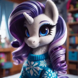 Size: 1024x1024 | Tagged: safe, ai content, machine learning generated, ponerpics import, ponybooru import, rarity, pony, unicorn, bing, bust, clothes, female, fluffy, image, indoors, jpeg, mare, solo, sweater, three quarter view