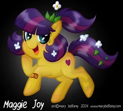 Size: 718x642 | Tagged: safe, artist:marybellamy, derpibooru import, ponerpics import, ponybooru import, maggie joy, earth pony, pony, bandaid, black background, blue eyes, cute, digital art, female, flower, flower in hair, heart, image, jpeg, leaf, looking at you, mare, multicolored hair, open mouth, open smile, ponytail, rest in peace, side view, simple background, smiling, smiling at you, solo, turned head