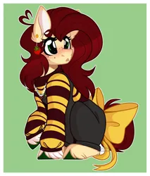 Size: 1394x1638 | Tagged: safe, artist:krypticquartz, derpibooru import, oc, unofficial characters only, earth pony, pony, bow, clothes, ear piercing, earring, female, freckles, image, jewelry, mare, overalls, piercing, png, solo, sweater, tail, tail bow