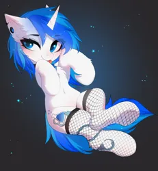 Size: 3150x3410 | Tagged: safe, artist:empress-twilight, derpibooru import, oc, oc:mind, unofficial characters only, pony, unicorn, belly button, clothes, cute, female, fishnet clothing, fishnets, high res, horn, image, mare, piercing, png, socks, solo, stockings, thigh highs
