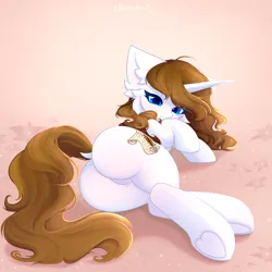 Size: 3000x3000 | Tagged: suggestive, artist:persikulka, derpibooru import, oc, oc:white storm, pony, unicorn, butt, female, hooves, horn, image, looking at you, mare, png, solo