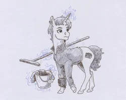 Size: 934x749 | Tagged: safe, artist:adeptus-monitus, derpibooru import, oc, oc:littlepip, unofficial characters only, pony, unicorn, fallout equestria, clothes, horn, image, jpeg, jumpsuit, magic, monochrome, solo, telekinesis, traditional art, vault suit