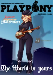 Size: 2894x4093 | Tagged: safe, artist:jackudoggy, derpibooru import, sunset shimmer, human, bass guitar, boots, breasts, busty sunset shimmer, clothes, denim, g4, image, jeans, jpeg, logo, musical instrument, pants, playboy, playpony, scenery, shoes