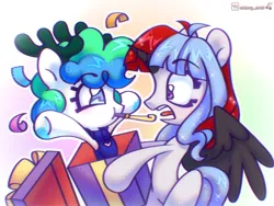 Size: 1790x1344 | Tagged: safe, artist:cherry_tree, derpibooru import, surprise, oc, oc:equmoria, unofficial characters only, alicorn, pony, g1, birthday, celebration, cute, duo, duo female, female, gift art, horns, image, multicolored hair, png, simple background
