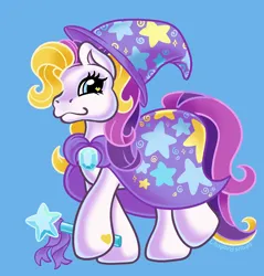 Size: 2200x2300 | Tagged: safe, artist:leopardsnaps, derpibooru import, puzzlemint, pony, g3, blue background, cape, clothes, hat, image, magic wand, multicolored hair, png, simple background, solo, trixie's cape, trixie's hat