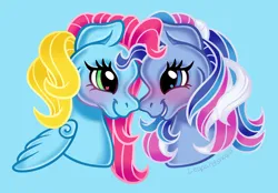 Size: 2300x1600 | Tagged: safe, artist:leopardsnaps, derpibooru import, thistle whistle, earth pony, pegasus, pony, g3, blue background, duo, image, looking at each other, looking at someone, multicolored hair, nose to nose, png, shenanigans, shipping, simple background, smiling, smiling at each other