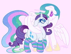 Size: 3000x2300 | Tagged: safe, artist:leopardsnaps, derpibooru import, princess celestia, rarity, alicorn, pony, unicorn, alternate hairstyle, clothes, duo, female, g4, horn, hug, image, jewelry, lesbian, looking at each other, looking at someone, nervous, nervous sweat, pink background, png, regalia, ship:rarilestia, shipping, simple background, smiling, smiling at each other, socks, wing hold, winghug, wings