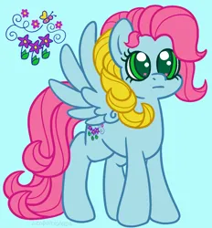 Size: 1192x1285 | Tagged: safe, artist:leopardsnaps, derpibooru import, thistle whistle, pegasus, pony, g3, :i, blue background, curly mane, cutie mark, g3 to g4, g4, generation leap, image, multicolored hair, png, simple background, solo, spread wings, wings