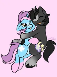 Size: 1700x2300 | Tagged: safe, artist:leopardsnaps, derpibooru import, oc, oc:crystal nightshine, oc:nurse brighthope, unofficial characters only, pony, unicorn, coat markings, cuddling, duo, gradient legs, happy, horn, hug, image, looking at each other, looking at someone, multicolored hair, not shipping, open mouth, platonic, png, simple background, smiling, smiling at each other, socks (coat marking), unicorn oc