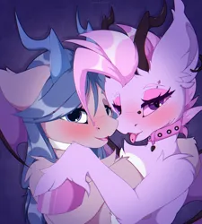 Size: 4500x5000 | Tagged: safe, artist:chura chu, derpibooru import, oc, oc:aurora batty, oc:blueberry bell, unofficial characters only, bat pony, earth pony, pony, blushing, collar, couple, duo, ear piercing, eyeshadow, horns, hug, image, makeup, piercing, png