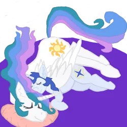 Size: 1000x1000 | Tagged: safe, artist:silverfishv9, derpibooru import, princess celestia, oc, oc:azure star (silverfishv9), alicorn, unicorn, blue mane, cuddling, duo, horn, image, parent:princess celestia, png, simple background, size difference, sleeping, unicorn oc, wings