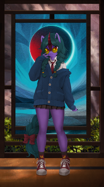 Size: 1674x3000 | Tagged: safe, artist:dogs, derpibooru import, oc, anthro, kirin, anthro oc, clothes, collage, glasses, image, kirin oc, miniskirt, necktie, photoshop, png, ribbon, scenery, shoes, skirt, sneakers, sweater, twin braids