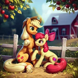 Size: 1024x1024 | Tagged: safe, ai content, derpibooru import, machine learning generated, apple bloom, applejack, duo, duo female, female, g4, image, jpeg