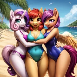 Size: 640x640 | Tagged: safe, ai content, derpibooru import, machine learning generated, prompter:dordrago, apple bloom, scootaloo, sweetie belle, anthro, earth pony, pegasus, unicorn, beach, bikini, breasts, clothes, cute, cutie mark crusaders, female, g4, group hug, happy, horn, hug, image, older, older apple bloom, older cmc, older scootaloo, older sweetie belle, one-piece swimsuit, palm tree, png, smiling, swimsuit, tree, water, wings