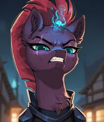 Size: 2048x2400 | Tagged: safe, ai content, derpibooru import, machine learning generated, prompter:ramprover, stable diffusion, tempest shadow, pony, unicorn, angry, chest fluff, cute, ear fluff, female, g4, generator:pony diffusion v6 xl, horn, image, jpeg, lidded eyes, long eyelashes, looking at you, magic, mare, outdoors, scratches, solo, teeth