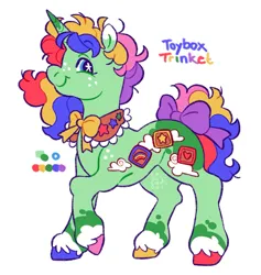 Size: 1813x1915 | Tagged: safe, artist:cocopudu, derpibooru import, oc, oc:toybox trinket, unofficial characters only, pony, unicorn, blue eyes, blue text, body freckles, bow, coat markings, color palette, colored eartips, colored horn, curly mane, curly tail, eyelashes, freckles, green coat, hooves, horn, image, jpeg, long mane, long tail, looking back, mint coat, multicolored hooves, multicolored mane, multicolored tail, neck bow, profile, purple bow, rainbow text, raised hoof, shawl, signature, simple background, smiling, socks (coat marking), solo, standing, starry eyes, tail, tail bow, text, unicorn horn, unicorn oc, unshorn fetlocks, white background, wingding eyes