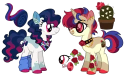 Size: 1878x1124 | Tagged: safe, artist:strawberry-spritz, derpibooru import, oc, unofficial characters only, earth pony, pony, unicorn, clothes, ear piercing, earring, female, half-siblings, horn, image, jewelry, leg warmers, magical lesbian spawn, mare, offspring, parent:bon bon, parent:roseluck, parent:vinyl scratch, parents:bonascratch, piercing, png, sunglasses