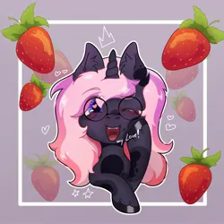 Size: 1600x1600 | Tagged: safe, artist:artsypaws, derpibooru import, oc, oc:artsypaws, unofficial characters only, pony, unicorn, crown, curved horn, derpibooru exclusive, ear fluff, female, food, glasses, heart, hooves, horn, image, jewelry, jpeg, looking at you, mare, open mouth, profile picture, raised hoof, regalia, round glasses, shiny hooves, smiling, smiling at you, solo, solo female, stars, strawberry, tongue out, uvula