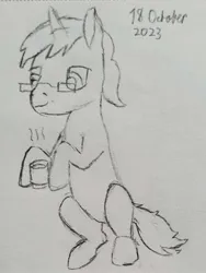 Size: 1644x2192 | Tagged: safe, artist:mannitenerisunt, derpibooru import, oc, oc:algorithm, unofficial characters only, pony, unicorn, 2023, cup, derpibooru exclusive, drink, ears up, glasses, horn, hot drink, image, jpeg, male, monochrome, pencil drawing, sitting, sketch, smiling, solo, stallion, tail, traditional art, unicorn oc