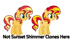 Size: 828x465 | Tagged: safe, artist:qbert2kcat, derpibooru import, sunset shimmer, pony, unicorn, clone, double sunset, female, horn, image, jpeg, simple background, white background