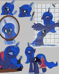 Size: 527x670 | Tagged: safe, artist:maretian, derpibooru import, princess luna, alicorn, pony, brush, butt, cute, eyes closed, female, g4, grin, hairbrush, image, lunabetes, magic, mare, mirror, moonbutt, morning ponies, multeity, music notes, open mouth, plot, png, raised hoof, shower, simple background, singing, smiling, solo, spread wings, telekinesis, toothbrush, towel, wet, wings