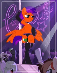 Size: 3893x5001 | Tagged: suggestive, artist:seurnik, artist:zakypo, derpibooru import, oc, oc:jade harmony, unofficial characters only, earth pony, pegasus, pony, unicorn, bedroom eyes, bipedal, bisexual, choker, clothes, club, collar, commission, female, horn, image, latex, latex socks, lesbian, male, mare, money, oc x oc, panties, png, pole, pole dancing, shipping, socks, stage, stallion, stockings, straight, stripper pole, thigh highs, underwear, ych result