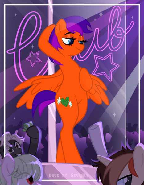 Size: 3893x5001 | Tagged: suggestive, alternate version, artist:seurnik, artist:zakypo, derpibooru import, oc, unofficial characters only, earth pony, pegasus, pony, unicorn, bedroom eyes, bipedal, bisexual, clothes, club, commission, derpibooru exclusive, female, horn, image, lesbian, male, mare, money, oc x oc, png, pole, pole dancing, shipping, socks, stage, stallion, stockings, straight, stripper pole, thigh highs, ych result