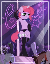 Size: 3893x5001 | Tagged: suggestive, artist:seurnik, artist:zakypo, derpibooru import, oc, oc:lilac, unofficial characters only, earth pony, pegasus, pony, unicorn, bedroom eyes, bipedal, bisexual, choker, clothes, club, collar, commission, ear piercing, earring, female, horn, image, jewelry, latex, latex socks, lesbian, male, mare, money, oc x oc, panties, piercing, png, pole, pole dancing, shipping, socks, stage, stallion, stockings, straight, stripper pole, thigh highs, underwear, ych result