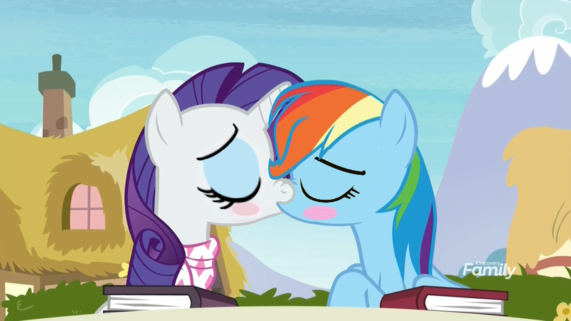 Size: 1920x1080 | Tagged: safe, derpibooru import, edit, edited screencap, screencap, rainbow dash, rarity, pegasus, unicorn, the end in friend, blushing, eyes closed, female, g4, horn, image, kiss edit, kissing, lesbian, png, ship:raridash, shipping