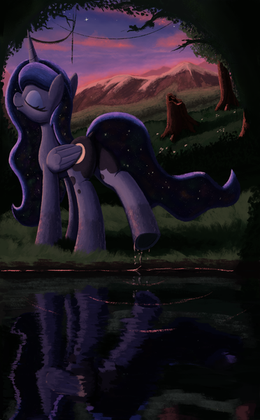 Size: 2507x4044 | Tagged: safe, artist:maretian, derpibooru import, ponerpics import, princess luna, alicorn, pony, butt, dusk, ethereal mane, eyes closed, eyeshadow, female, g4, image, makeup, mare, moonbutt, mountain, mountain range, plot, png, pond, praise the moon, raised hoof, reflection, scenery, sky, smiling, solo, starry mane, starry tail, stars, tail, tree, water, water drops, wet