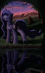 Size: 2507x4044 | Tagged: safe, artist:maretian, derpibooru import, ponerpics import, princess luna, alicorn, pony, butt, dusk, ethereal mane, eyes closed, eyeshadow, female, g4, image, makeup, mare, moonbutt, mountain, mountain range, plot, png, pond, praise the moon, raised hoof, reflection, scenery, sky, smiling, solo, starry mane, starry tail, stars, tail, tree, water, water drops, wet