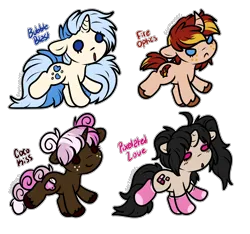 Size: 2528x2364 | Tagged: safe, artist:sexygoatgod, derpibooru import, oc, oc:bubble blast, oc:coco kiss, oc:fire optics, oc:pixelated love, unofficial characters only, pony, unicorn, adoptable, chibi, clothes, female, horn, image, mare, png, simple background, socks, stockings, thigh highs, transparent background, unshorn fetlocks