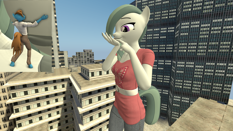 Size: 1920x1080 | Tagged: safe, artist:mrcracer, derpibooru import, marble pie, oc, oc:sharp stars, anthro, earth pony, pony, unguligrade anthro, unicorn, 3d, building, canon x oc, city, female, giantess, gmod, horn, hug, image, macro, png, romance