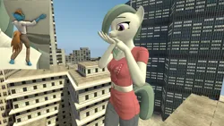 Size: 1920x1080 | Tagged: safe, artist:mrcracer, derpibooru import, marble pie, oc, oc:sharp stars, anthro, earth pony, pony, unguligrade anthro, unicorn, 3d, building, canon x oc, city, female, giantess, gmod, horn, hug, image, macro, png, romance