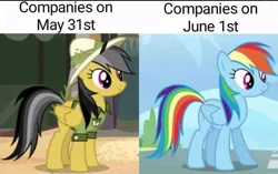 Size: 959x603 | Tagged: source needed, safe, derpibooru import, edit, edited screencap, screencap, daring do, rainbow dash, pegasus, pony, wonderbolts academy, caption, clothes, g4, hat, image, image macro, jpeg, meme, pride month, rainbow, shirt, text