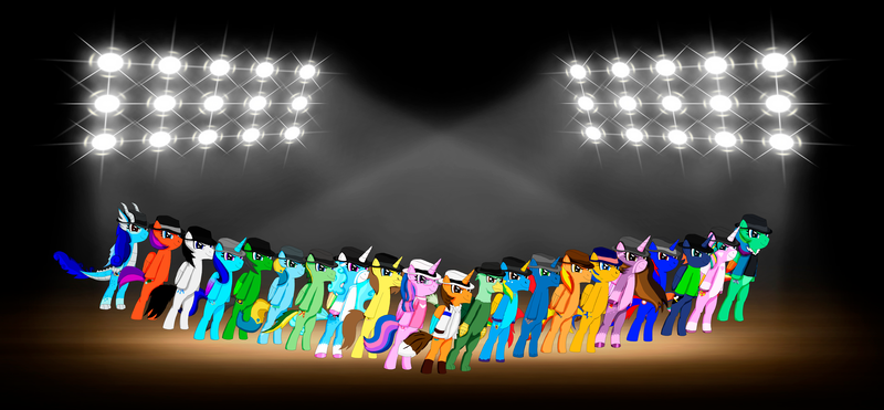 Size: 10742x4980 | Tagged: safe, artist:abarekiller2002, derpibooru import, oc, oc:amity, oc:blue shy gamer, oc:brush prism, oc:didgeree, oc:ej, oc:firey ratchet, oc:flare spark, oc:gregory griffin, oc:jade harmony, oc:jemimasparkle, oc:lightning chaser, oc:princess kincade, oc:shield wing, oc:star armour, oc:star heart, oc:stephen (stephen-fisher), oc:train track, oc:warding sigil, dragon, earth pony, gryphon, pegasus, pony, unicorn, dancing, dragoness, female, hat, horn, image, male, michael jackson, png, smooth criminal, song, spotlight