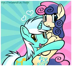 Size: 894x817 | Tagged: safe, artist:xxsurjxx, derpibooru import, bon bon, lyra heartstrings, sweetie drops, earth pony, pony, unicorn, duo, duo female, female, floating heart, g4, heart, horn, hug, image, lesbian, lyrabon, mare, open mouth, open smile, png, shipping, smiling, tail
