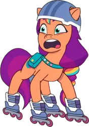 Size: 561x798 | Tagged: episode needed, safe, derpibooru import, edit, edited screencap, editor:pascalmulokozi2, screencap, sunny starscout, earth pony, pony, g5, my little pony: tell your tale, background removed, female, helmet, image, mane stripe sunny, mare, not a vector, open mouth, png, roller skates, skates, solo