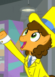 Size: 330x462 | Tagged: safe, derpibooru import, cheese sandwich, earth pony, pony, the last laugh, animated, clothes, cropped, cute, g4, gif, hat, image, male, smiling, solo, stallion, talking, tuxedo
