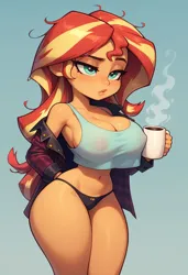 Size: 832x1216 | Tagged: suggestive, ai content, derpibooru import, machine learning generated, sunset shimmer, human, equestria girls, bedroom eyes, big breasts, breasts, busty sunset shimmer, clothes, coffee mug, curvy, g4, hourglass figure, image, jpeg, messy hair, mug, panties, plaid shirt, shirt, tanktop, thighs, thong, thunder thighs, tired, underwear, wide hips