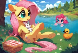Size: 1216x832 | Tagged: safe, ai content, anonymous prompter, derpibooru import, machine learning generated, angel bunny, fluttershy, pinkie pie, earth pony, pegasus, pony, rabbit, animal, basket, cloud, colorful, cute, duckling, duo, female, flower, generator needed, grass, happy, holding, holding a bunny, image, lake, mare, open mouth, open smile, partially submerged, picnic basket, png, shore, sitting, sky, smiling, sunny day, swimming, tree, underhoof, water