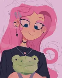 Size: 1440x1800 | Tagged: safe, artist:dreamz, derpibooru import, fluttershy, human, equestria girls, build-a-bear, choker, ear piercing, eyeliner, eyeshadow, female, g4, hairclip, image, jewelry, jpeg, lavender background, lidded eyes, looking down, makeup, necklace, piercing, plushie, simple background, smiling, solo, spring frog