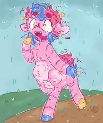 Size: 1280x1523 | Tagged: safe, artist:tottallytoby, derpibooru import, pinkie pie, earth pony, pony, semi-anthro, alternate color palette, alternate design, alternate eye color, alternate hair color, alternate hairstyle, alternate tail color, alternate tailstyle, belly fluff, big ears, bracelet, chest fluff, chubby, cloud, colored belly, colored eartips, colored eyebrows, colored eyelashes, colored hooves, curly mane, curly tail, dirt road, ear piercing, earring, eyebrows, eyebrows visible through hair, facial markings, fangs, female, floppy ears, fupa, g4, grass, hooves, human shoulders, image, jewelry, jpeg, leg fluff, mare, mud, muddy hooves, multicolored hooves, neck fluff, open mouth, outdoors, pale belly, piercing, pink coat, pubic fluff, rain, raised hoof, shiny hooves, short mane, short tail, shoulder fluff, shrunken pupils, solo, splotches, tail, thick eyebrows, two toned mane, two toned tail, walking, wall of tags, wide eyes, wingding eyes, yellow eyes