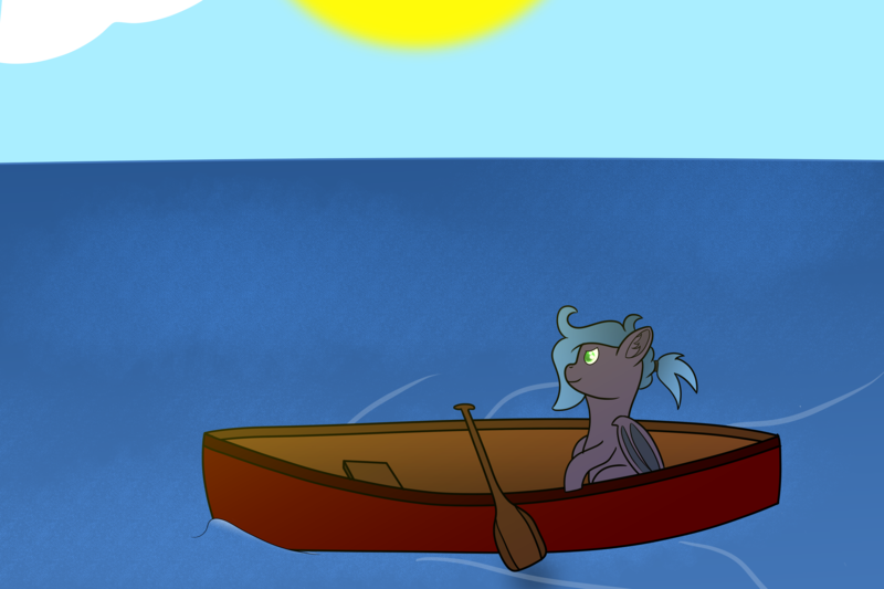 Size: 6000x4000 | Tagged: safe, artist:eminent entropy, derpibooru import, oc, oc:gemini, unofficial characters only, bat pony, pony, boat, canoe, cloud, image, lake, oar, png, relaxing, ripples, scenery, sitting, solo, sun, water