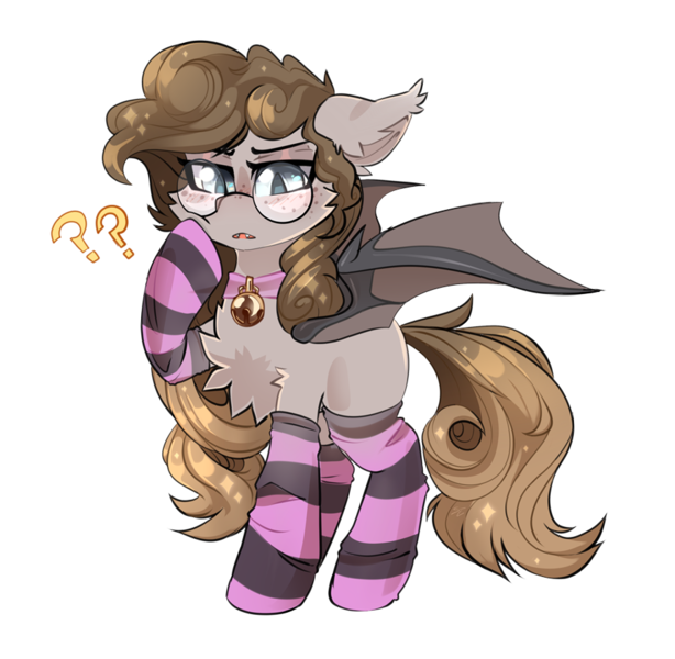 Size: 900x880 | Tagged: safe, artist:star-theft, derpibooru import, oc, unofficial characters only, bat pony, pony, bat pony oc, bat wings, clothes, glasses, image, png, question mark, simple background, socks, solo, striped socks, transparent background, wings